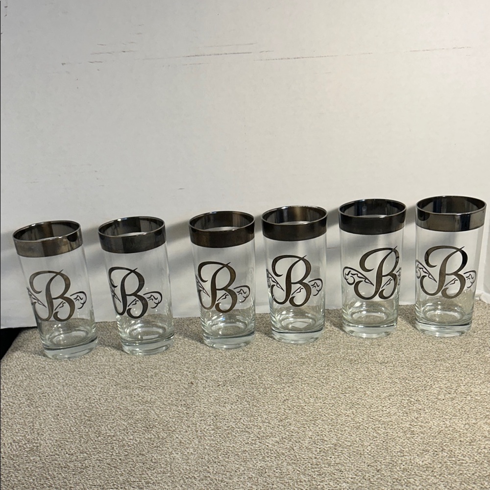 Vintage Set of 6 Monogrammed Beer Glasses with Silver Trim 5 1/2 inch